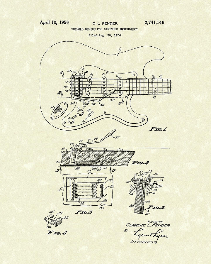 Tremolo Device 1956 Patent Art Drawing by Prior Art Design