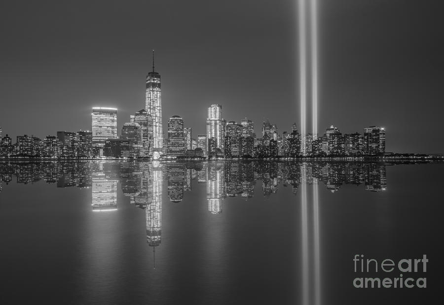 New York City Photograph - Tribute in Light Reflections BW by Michael Ver Sprill