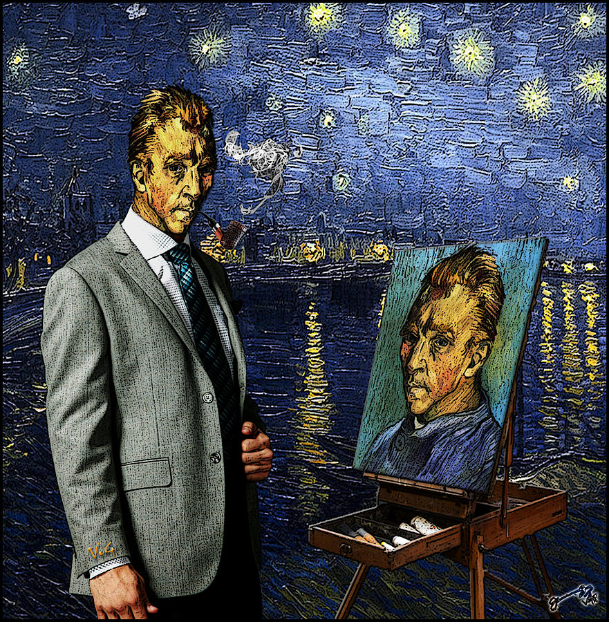 Tribute To Vincent Van Gogh - At The Rhone River Posing With His Self-portrait. Drawing
