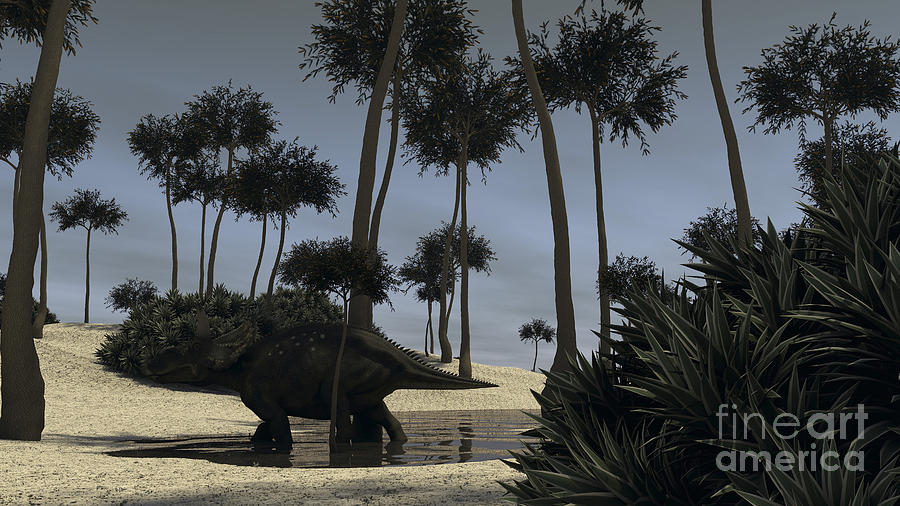 Triceratops Roaming In A Riverbed Digital Art by Kostyantyn Ivanyshen