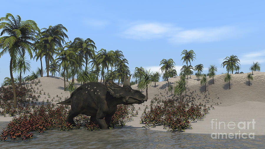 Triceratops Walking Along The Shoreline Digital Art