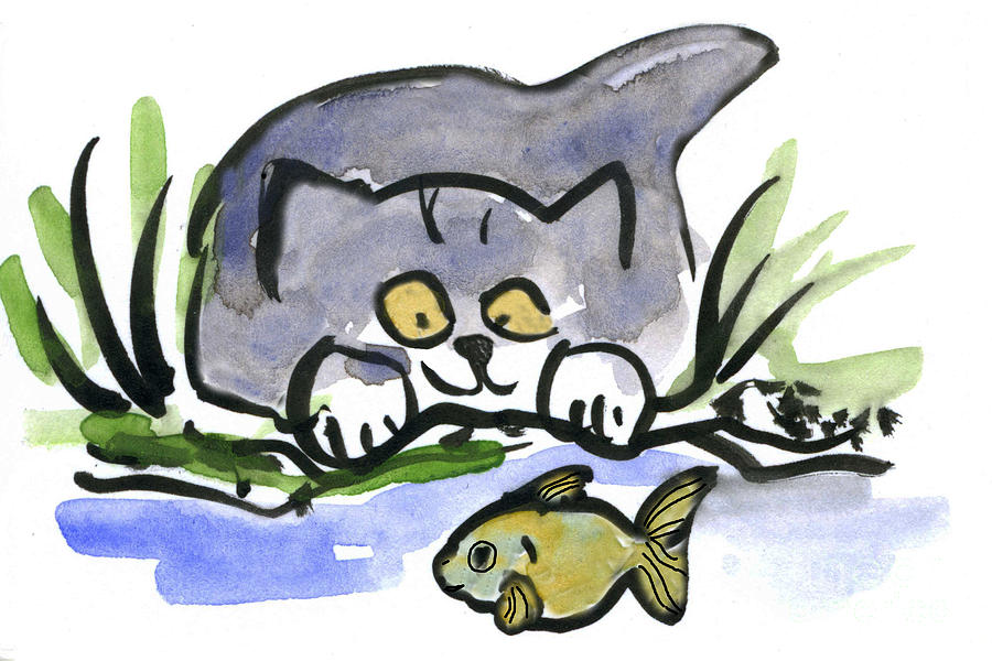 Tricia gray kitten Watches A Fish Painting by Ellen Miffitt