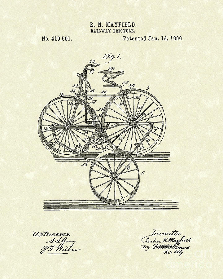 Tricycle 1890 Patent Art Drawing by Prior Art Design