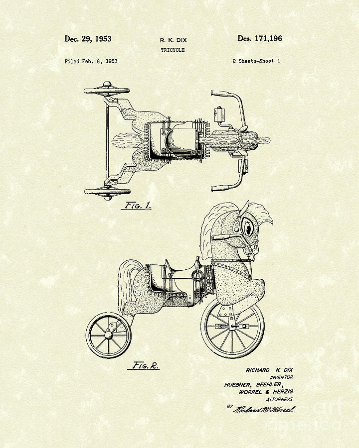 Tricycle 1953 Patent Art Drawing by Prior Art Design