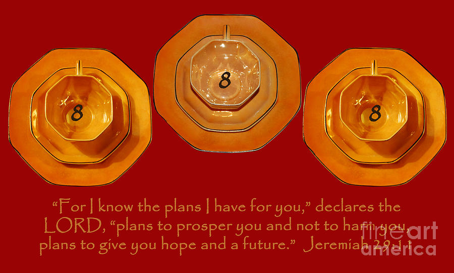 Triple Eight Octagon Saucers with Jeremiah Twenty Nine Eleven on REd Photograph by Heather Kirk