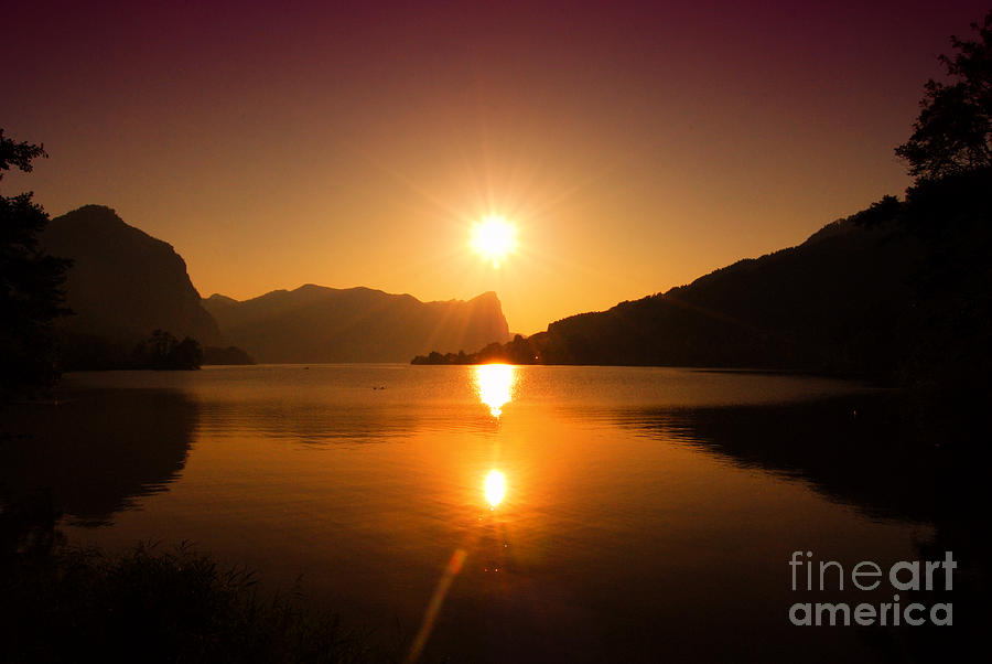 Landscape Photograph - Triple Sun over an Austrian Lake by Sabine Jacobs