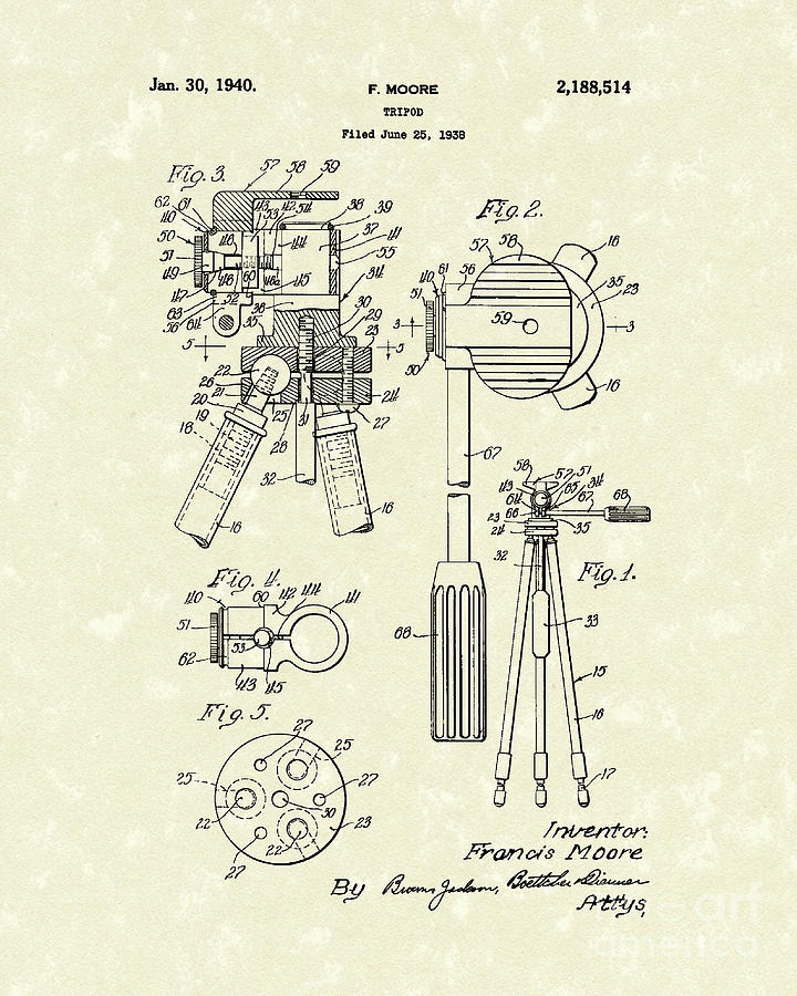 Moore Drawing - Tripod 1940 Patent Art by Prior Art Design