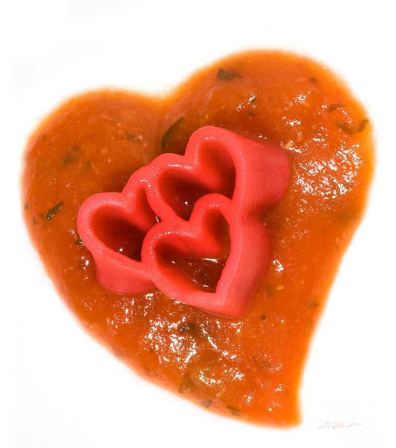 Food Photograph - Tripple Red Pasta Hearts on Tomato Sauce by Iris Richardson