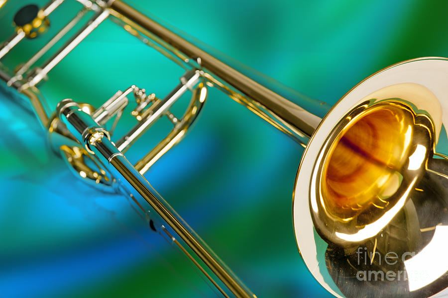 Music Photograph - Trombone Against Green and Blue in Color 3204.02 by M K Miller