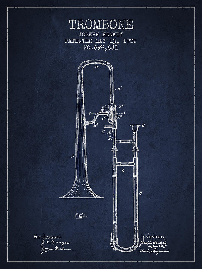 Music Digital Art - Trombone Patent from 1902 - Blue by Aged Pixel
