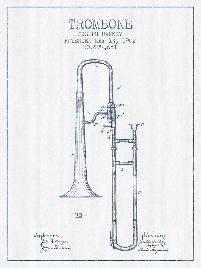 Trombone Patent From 1902 - Blue Ink Digital Art