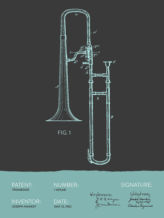 Trombone Patent From 1902 - Modern Gray Blue Digital Art