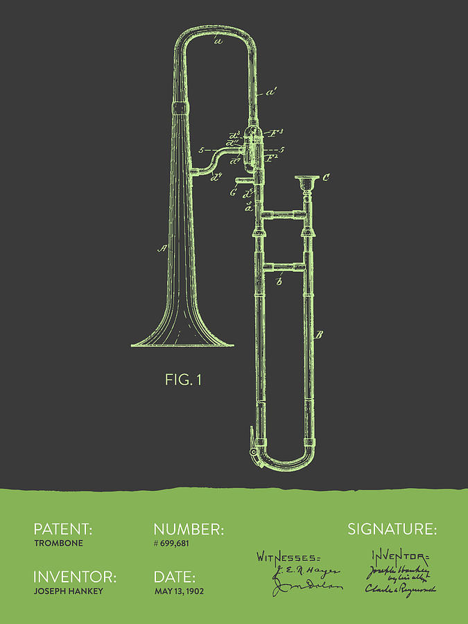 Trombone Patent From 1902 - Modern Gray Green Digital Art