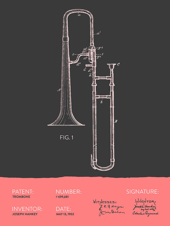 Trombone Patent From 1902 - Modern Gray Salmon Digital Art