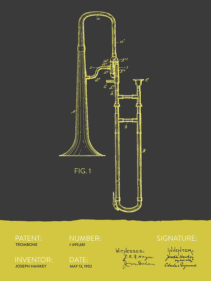 Trombone Patent From 1902 - Modern Gray Yellow Digital Art