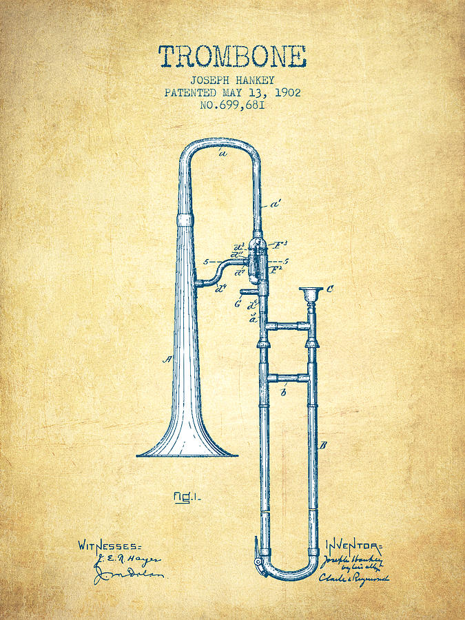 Trombone Patent From 1902 - Vintage Paper Digital Art