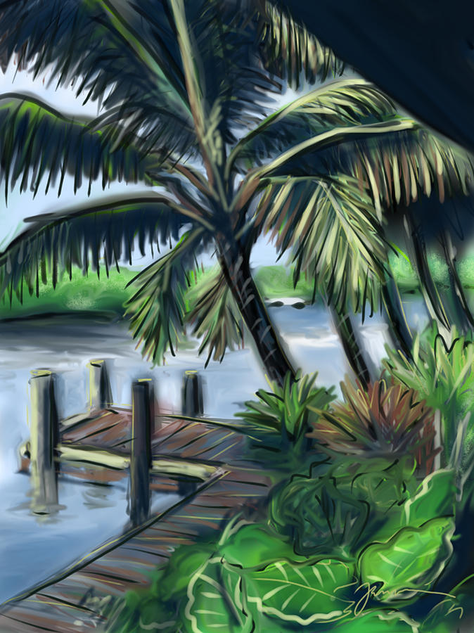 Tropical Dock duvet cover Painting by Jean Pacheco Ravinski