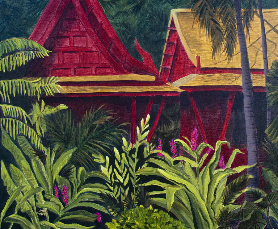 Jungle Painting - Tropical Getaway jungle with red bungalows Jim Thompson Museum painting by Jaime Haney