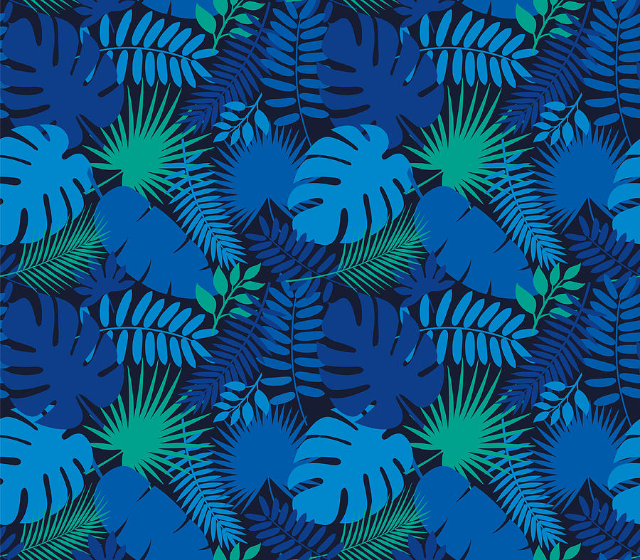 Tropical Leaf Seamless Pattern in Dark Indigo Blue Drawing by Discan