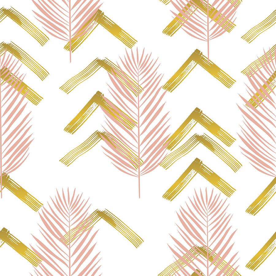 Tropical Leaves Pattern With Brush Strokes and Gold Drawing by Diane555