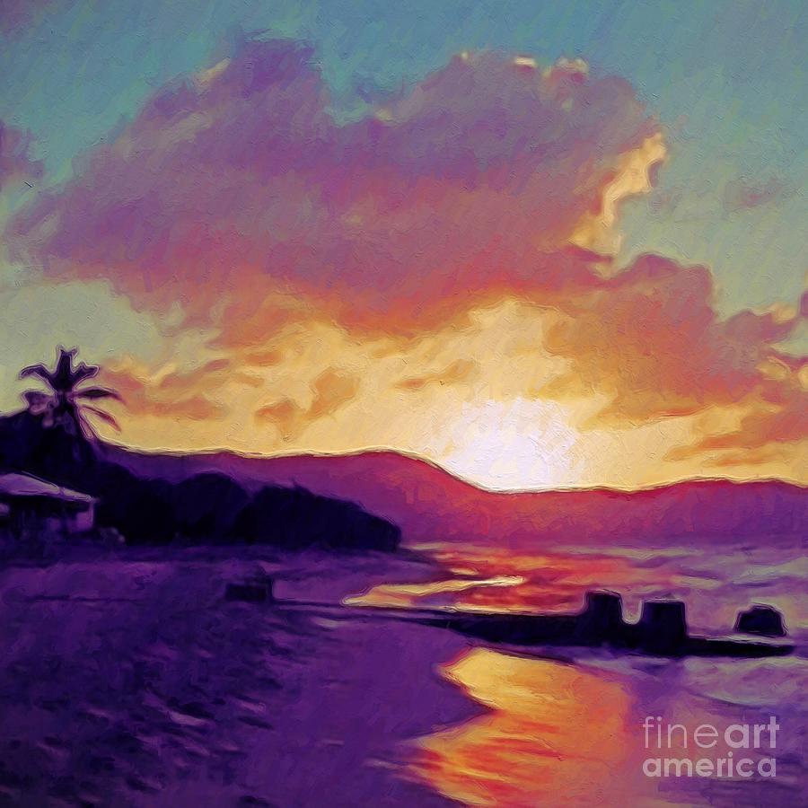 S Tropical Sunset in Purples - Square Painting by Lyn Voytershark