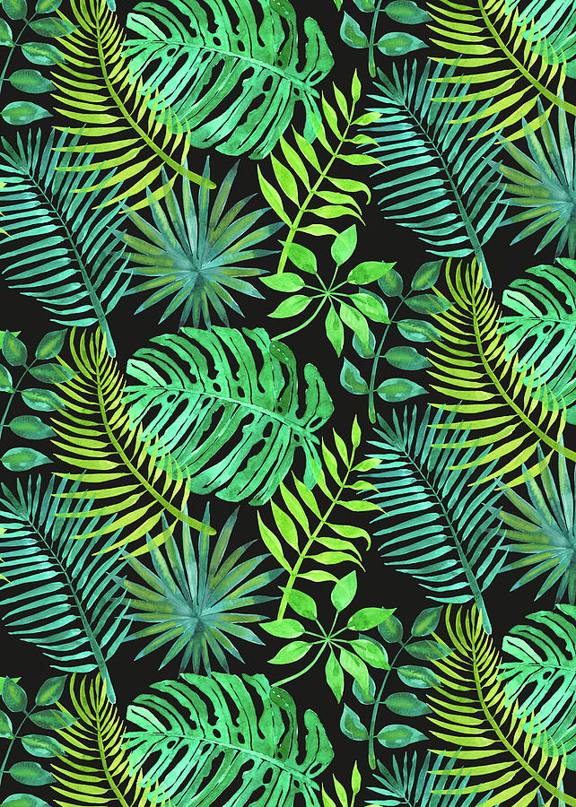 Tropical Watercolours Multi Leaves Design Black Painting by MGL ...