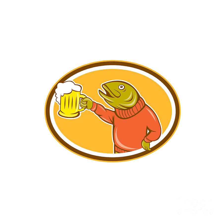 Trout Digital Art - Trout Fish Holding Beer Mug Oval Cartoon by Aloysius Patrimonio