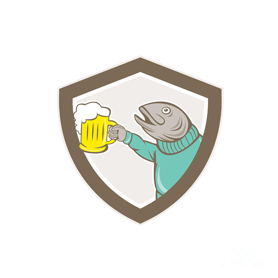 Trout Digital Art - Trout Fish Holding Beer Mug Shield Cartoon by Aloysius Patrimonio
