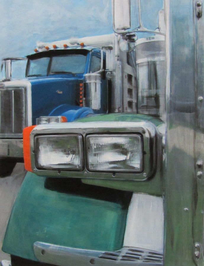 Trucks in Green and Blue Painting by Anita Burgermeister