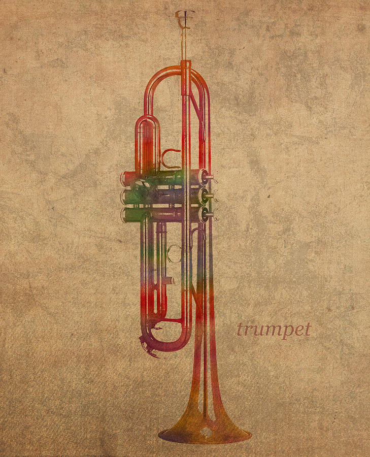 Music Mixed Media - Trumpet Brass Instrument Watercolor Portrait on Worn Canvas by Design Turnpike