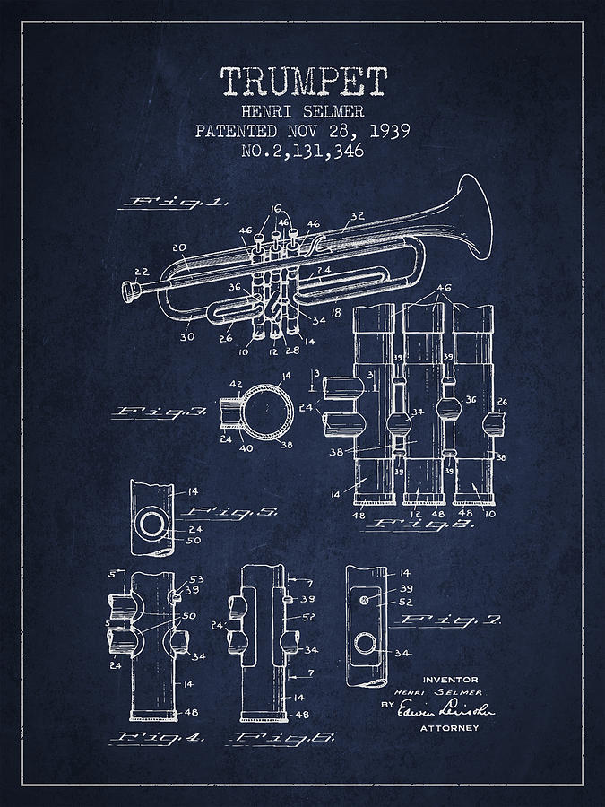 Music Digital Art - Trumpet Patent from 1939 - Blue by Aged Pixel