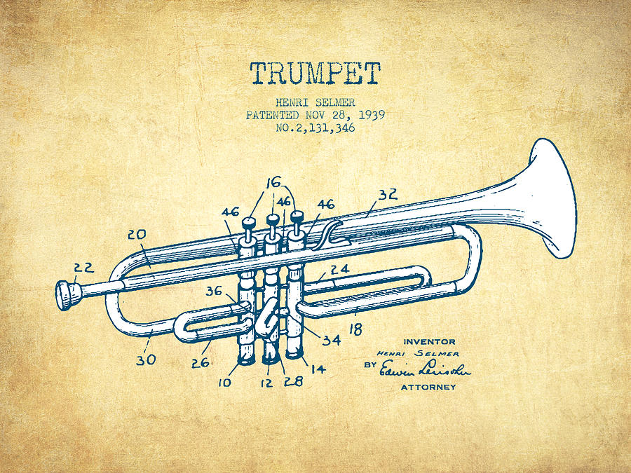 Trumpet Patent From 1939 - Vintage Paper Digital Art
