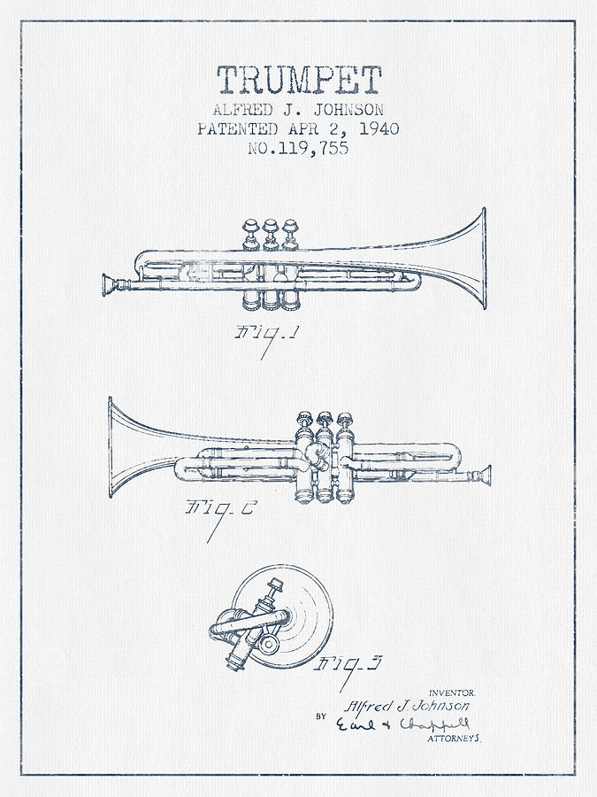 Music Digital Art - Trumpet Patent from 1940 - Blue Ink by Aged Pixel