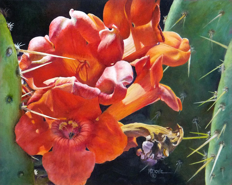 Trumpet Vine and Donkey Ears Cactus Painting by Mary Dove