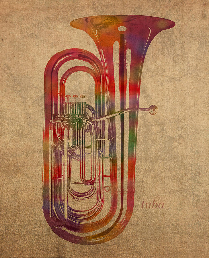 Bass Mixed Media - Tuba Brass Instrument Watercolor Portrait on Worn Canvas by Design Turnpike