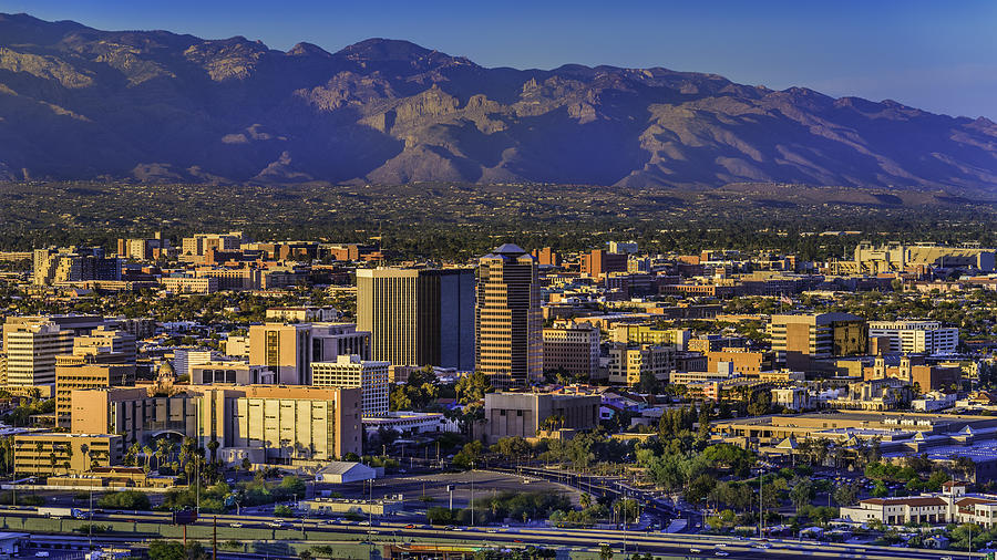 Tucson Arizona skyline cityscape and Santa Catalina Mountains at sunset Photograph by Dszc