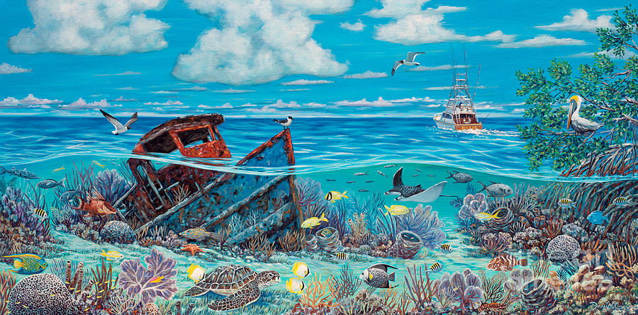 Fish Painting - Tug Boat Reef by Danielle Perry