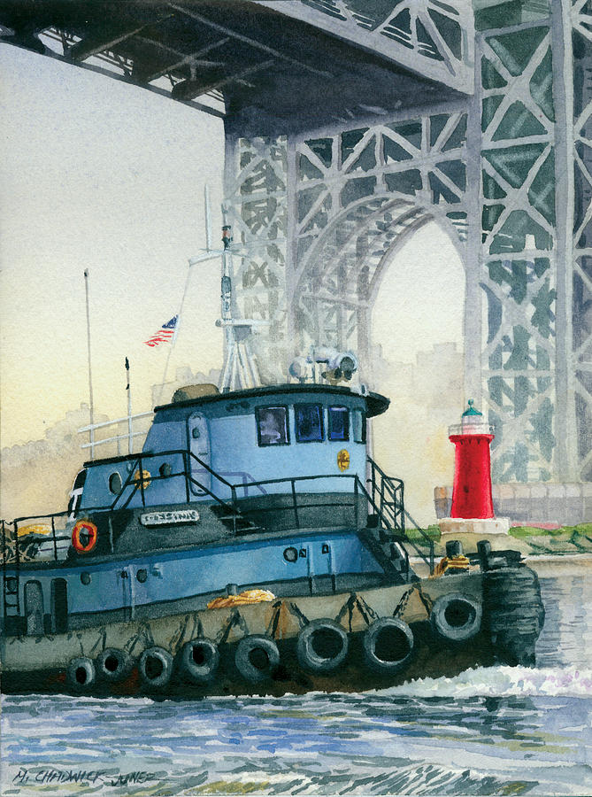 Tugboat and the Little Red Lighthouse Painting by Marguerite Chadwick-Juner