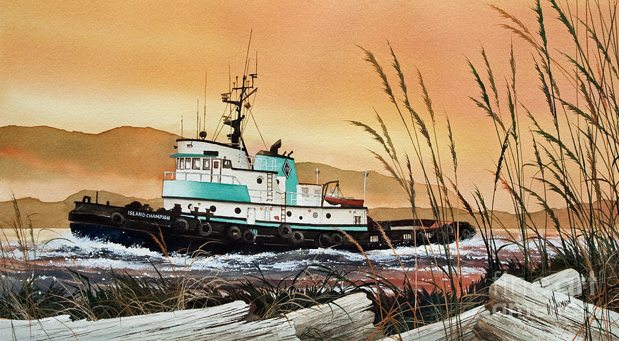 Tugboat ISLAND CHAMPION Sunset Painting by James Williamson