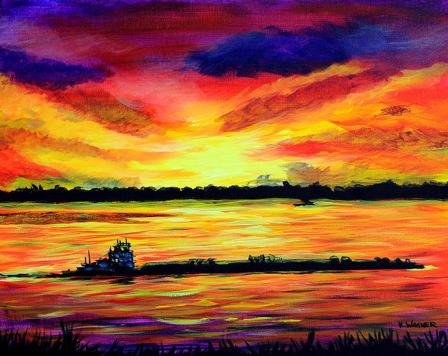 Sunset Painting - Tugboat On The Mississippi by Karl Wagner