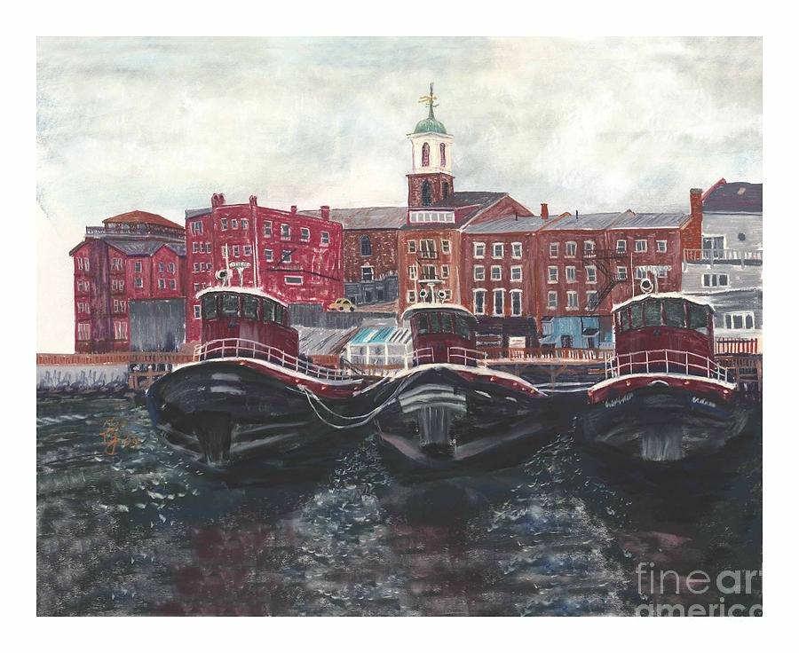 Tugboats of Portsmouth Pastel by Francois Lamothe