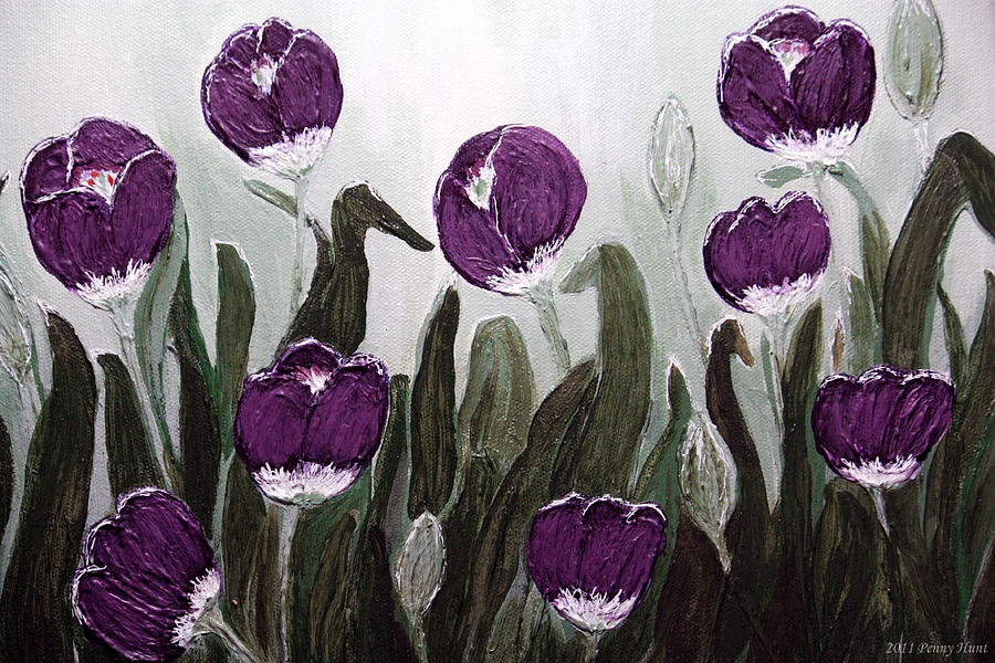 Spring Painting - Tulip Festival Art Print Purple Tulips from Original Abstract by Penny Hunt by Penny Hunt