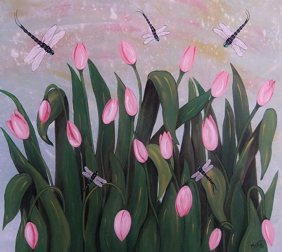 Tulips and Dragonflies in Misty Morning Painting by Cindy Micklos