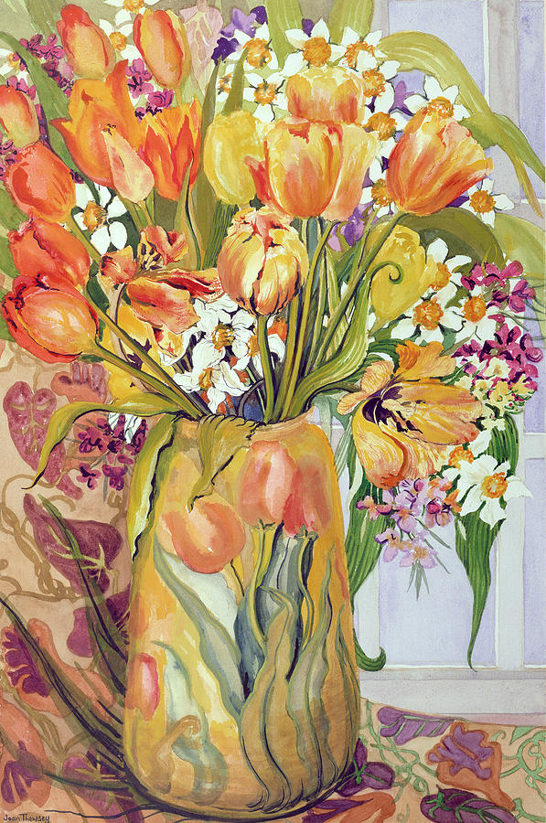 Spring Painting - Tulips and Narcissi in an Art Nouveau Vase by Joan Thewsey