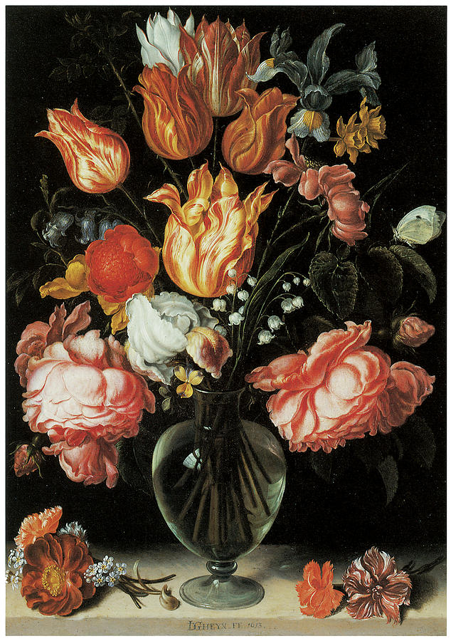 Tulip Painting - Tulips and Roses in a Glass Vase by Jacques De Gheyn The Younger