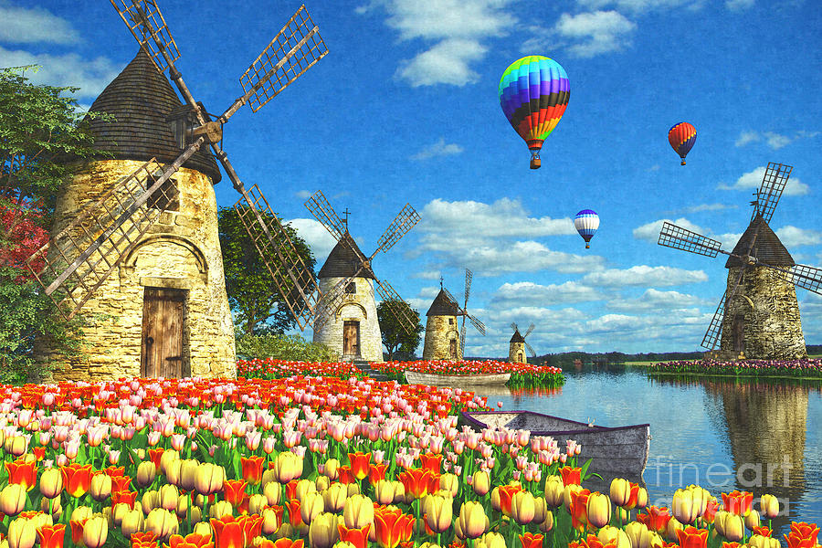 Tulip Digital Art - Tulips and Windmills by MGL Meiklejohn Graphics Licensing