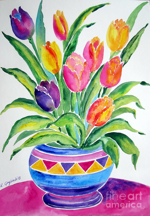 Tulips in a vase Painting by Roberto Gagliardi