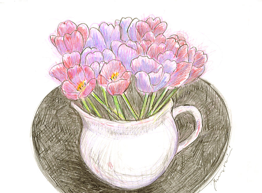 Tulips In A White Pitcher Drawing by Jean Pacheco Ravinski
