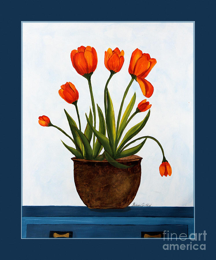 Tulips on a Blue Buffet with Borders Painting by Barbara A Griffin