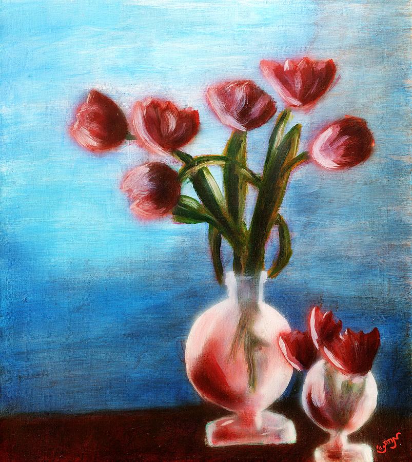 Tulips Still life in Red in rounded Vase with water and Pink and Blue and green Table flowers MendyZ Painting by MendyZ
